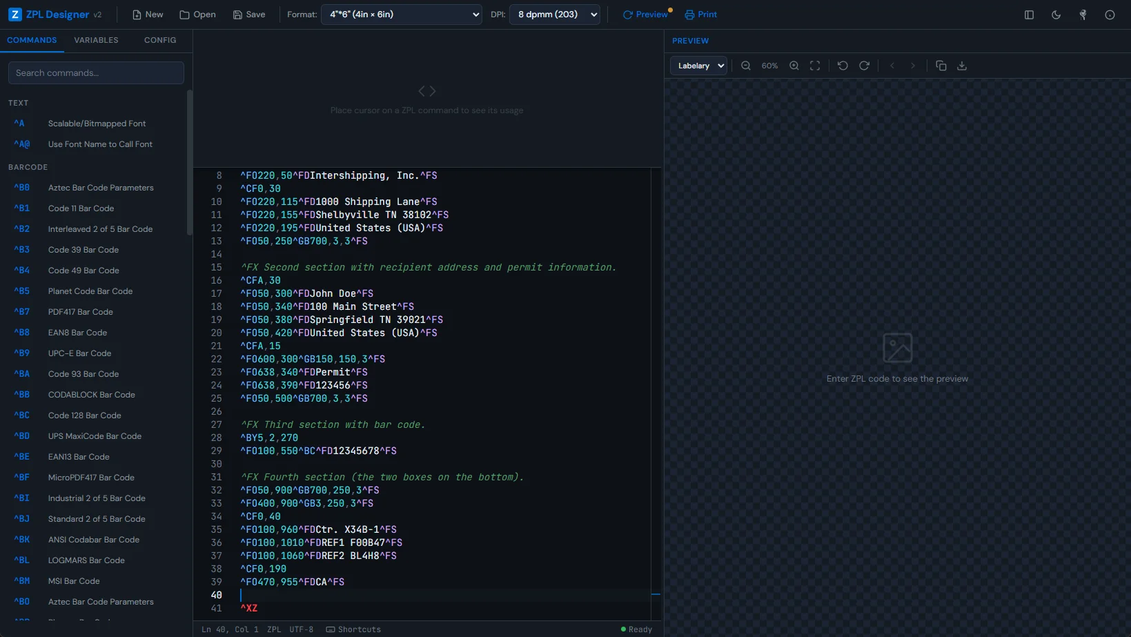 ZPL Designer v2 — Code editor with live label preview