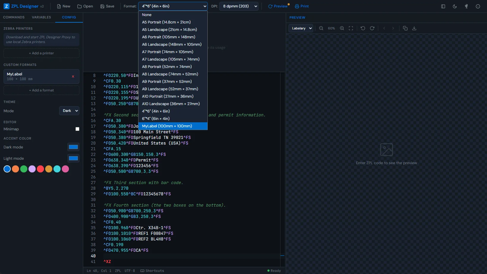 ZPL Designer v2 — Custom format settings