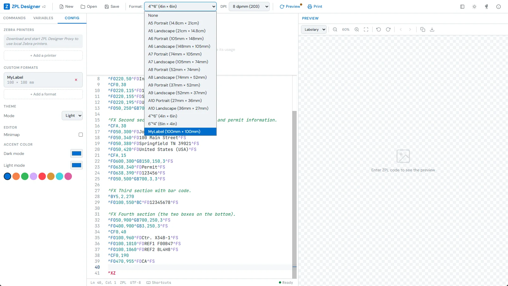 ZPL Designer v2 — Custom format settings
