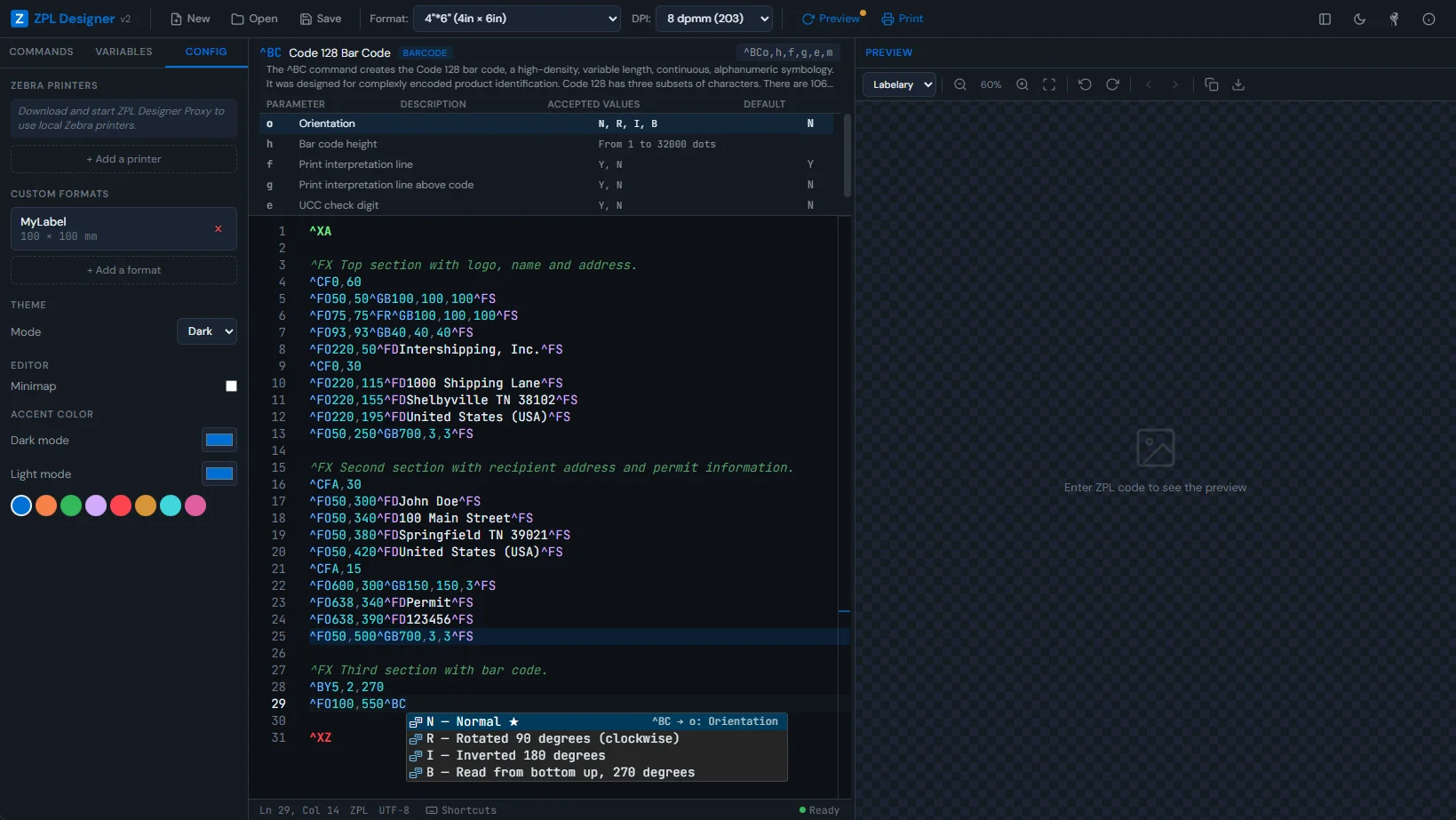 ZPL Designer v2 — IntelliSense autocomplete