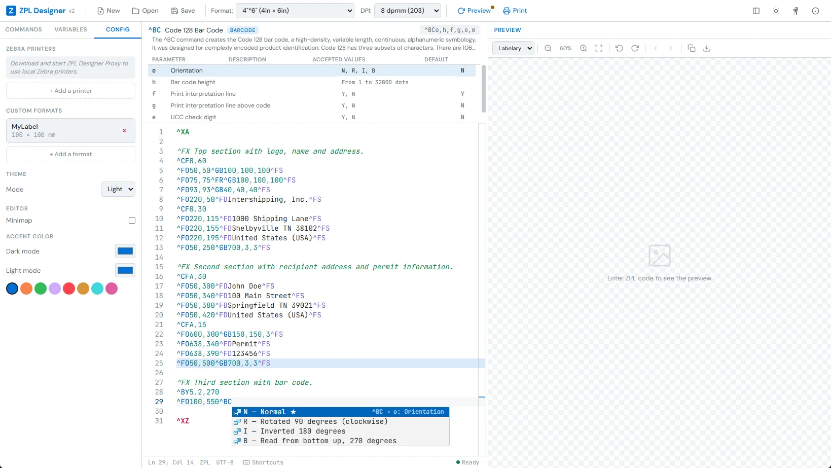 ZPL Designer v2 — IntelliSense autocomplete